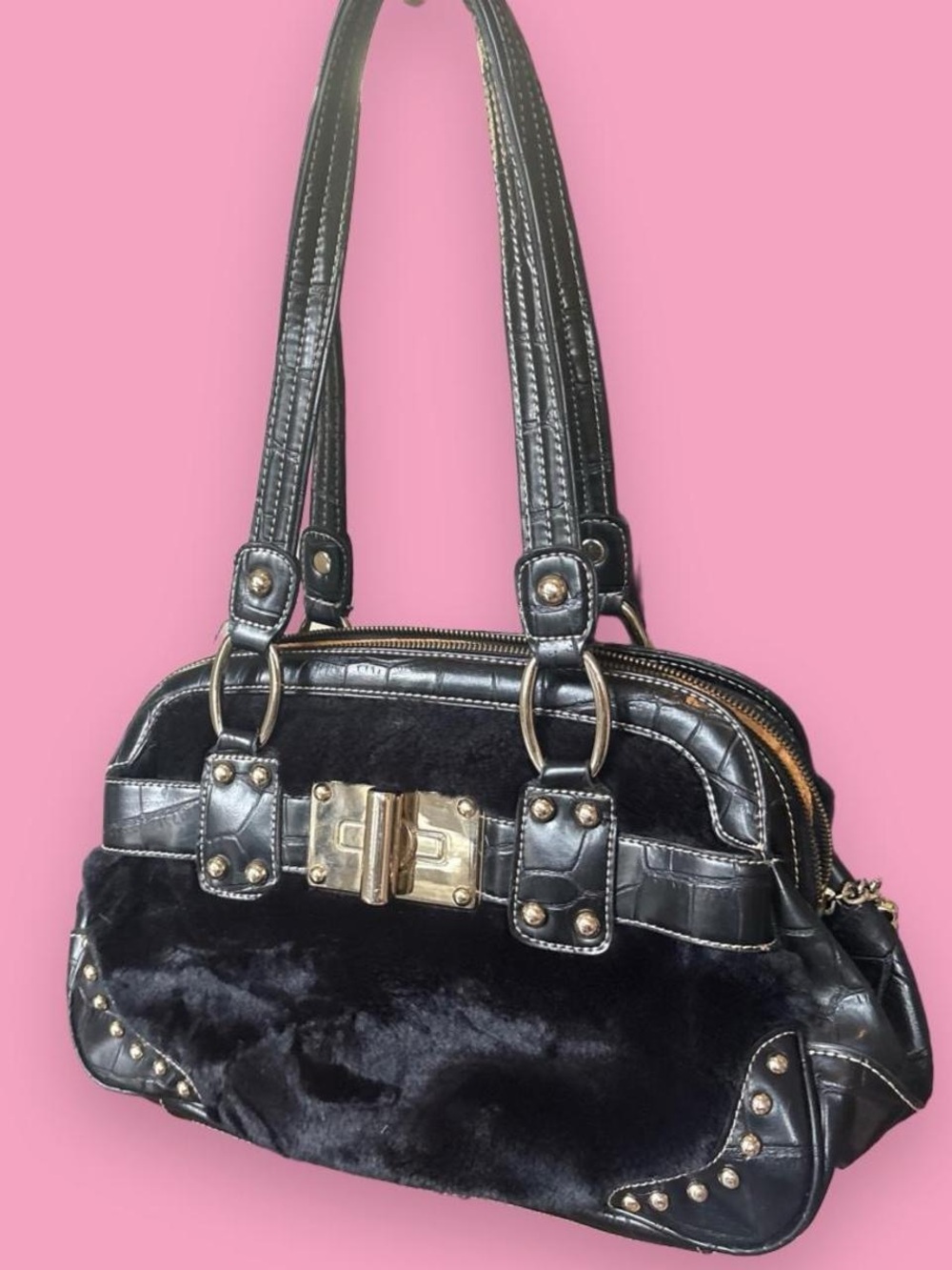 Kathy Van Zeeland Black Faux Fur & Leather Shoulder Bag with Gold Hardware